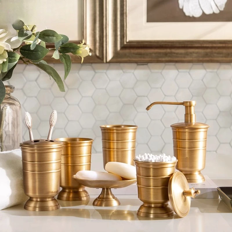 All-brass bathroom set: draining toothbrush holder, mouthwash cup and pump-action hand wash bottle storage