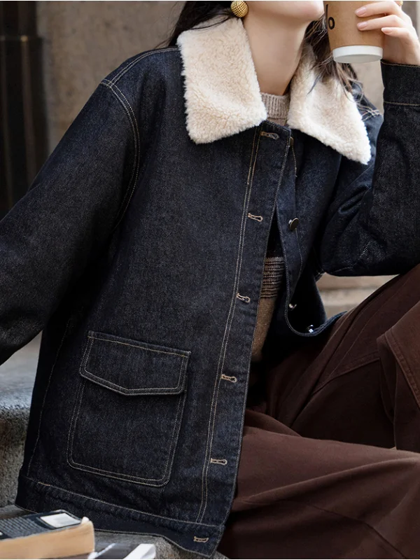 شتاء 2025 بلو طوق الدنيم القطن Jaet المرأة عادية زر واحد ort الدافئة ملابس خارجية علوية Thiened طويلة Sve C...