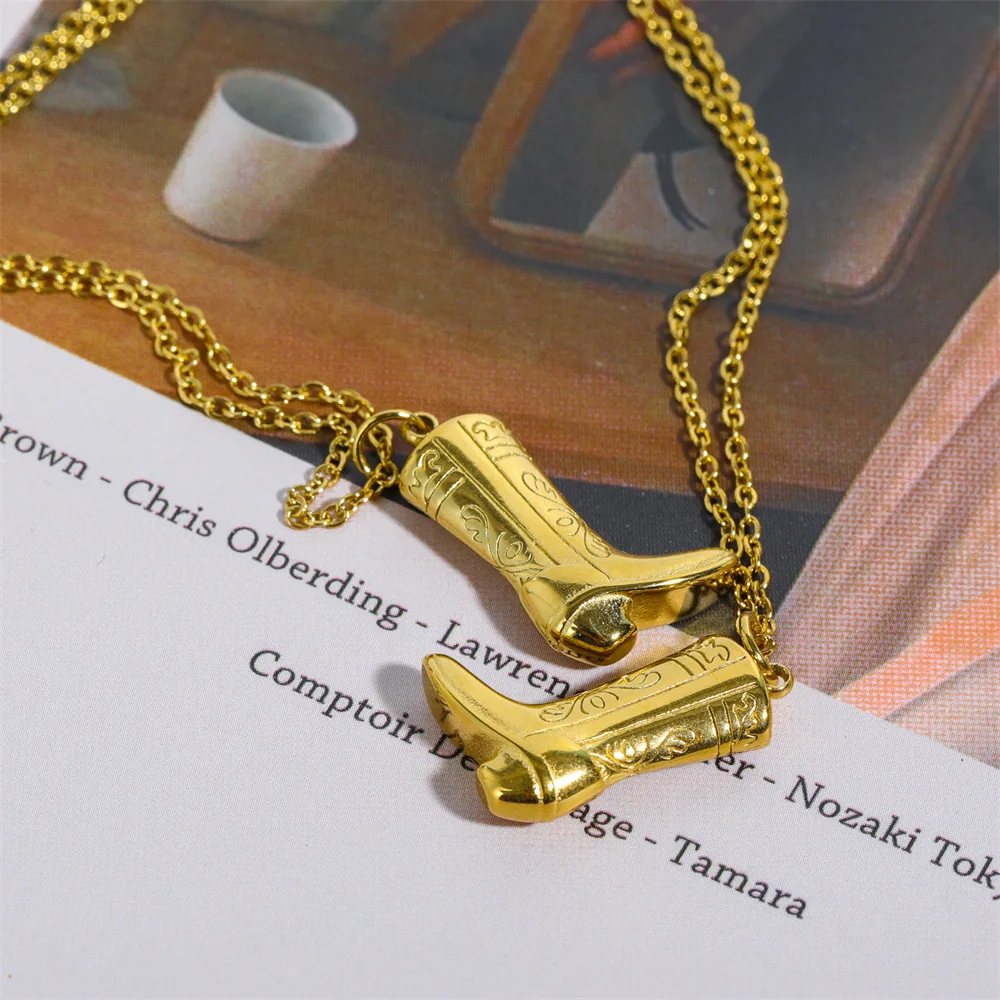 Stainless Steel Golden Color Western Cowboy Boots Pendant Necklace for Women Link Chains Collar Necklaces Cowgirl Gifts