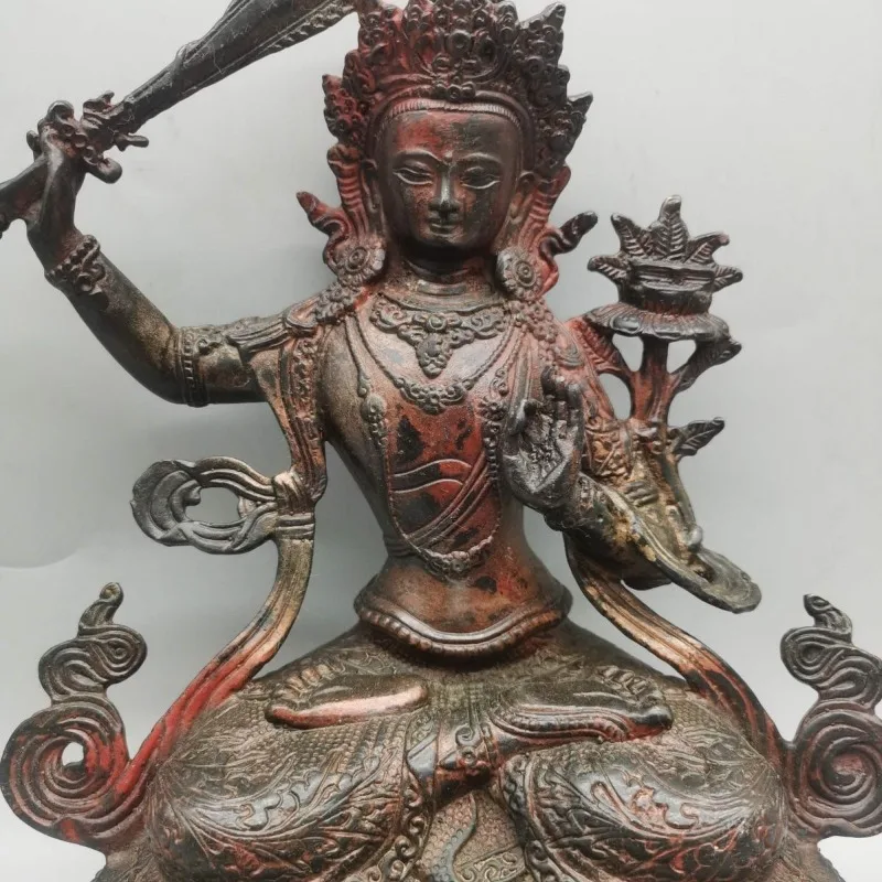 Antique Manjushri Bodhisattva Statue Tibetan Wisdom Buddha Holding Meditation Altar Religious Feng Shui Decorative Sculpture