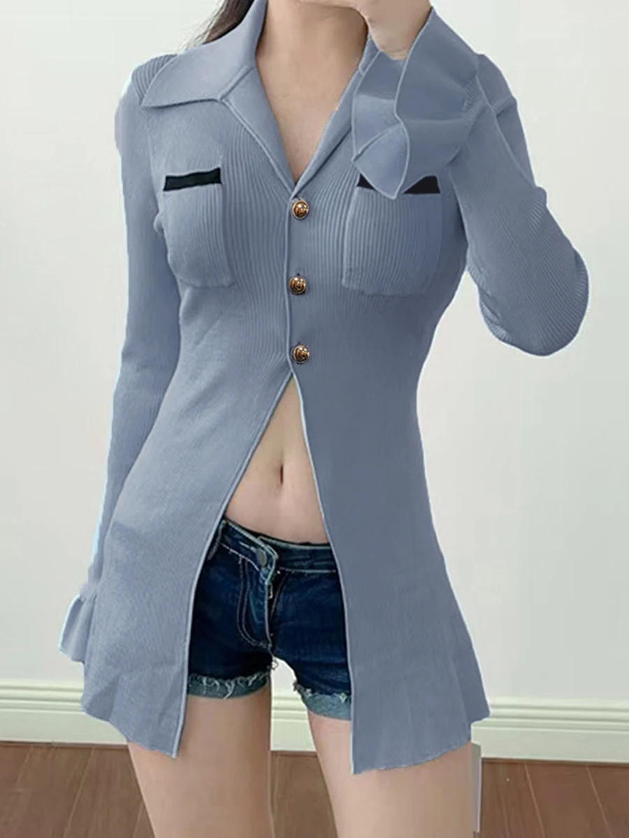 VGH Elegant Solid Slimming Blouses For Women Lapel Long Sleeve Patchwork Pocket Spring Designer Shirt Female Fashion Style New