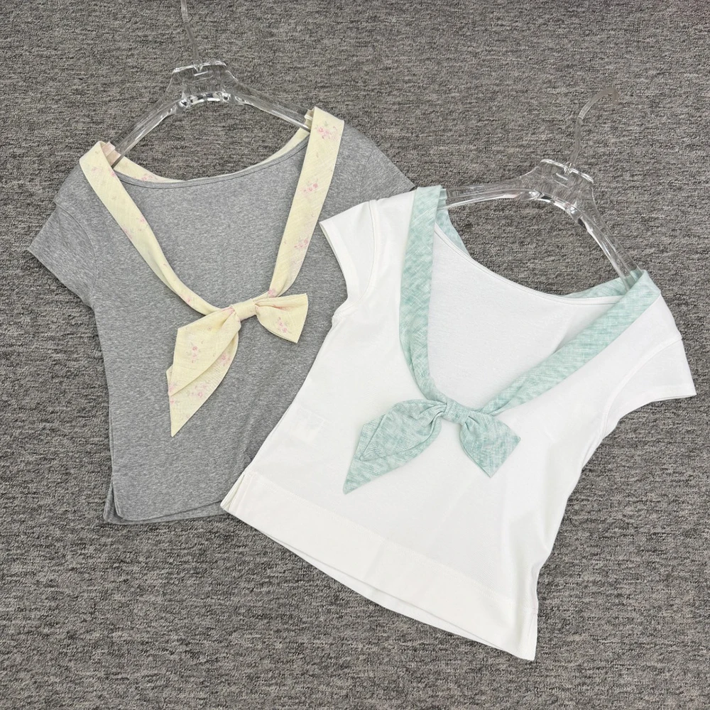

Women Cotton Blend T-Shirt Cute Bow Tie Reversible Short Sleeve Slim Fit Crop Top Casual Summer Tee 2026 New Y2K Collection