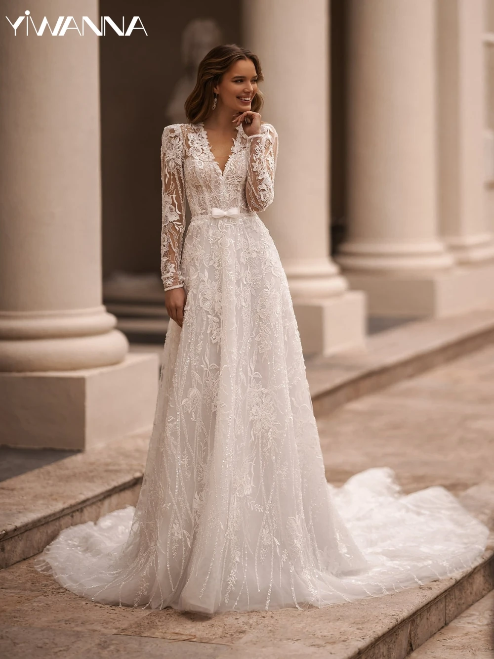 Clássico laço apliques vestido de casamento brilhante lantejoulas contas noiva robe elegante a linha longo vestido de noiva robe de mariée