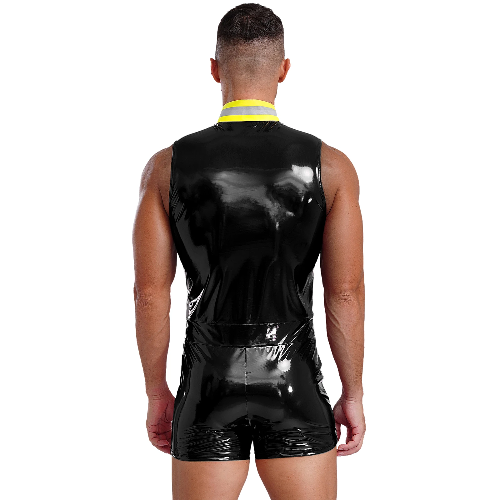 Men Wet Look Faux Leather Fireman Cosplay Costume Stand Collar Sleeveless Jumpsuit Carnival Party Firefighter Role Play Bodysuit