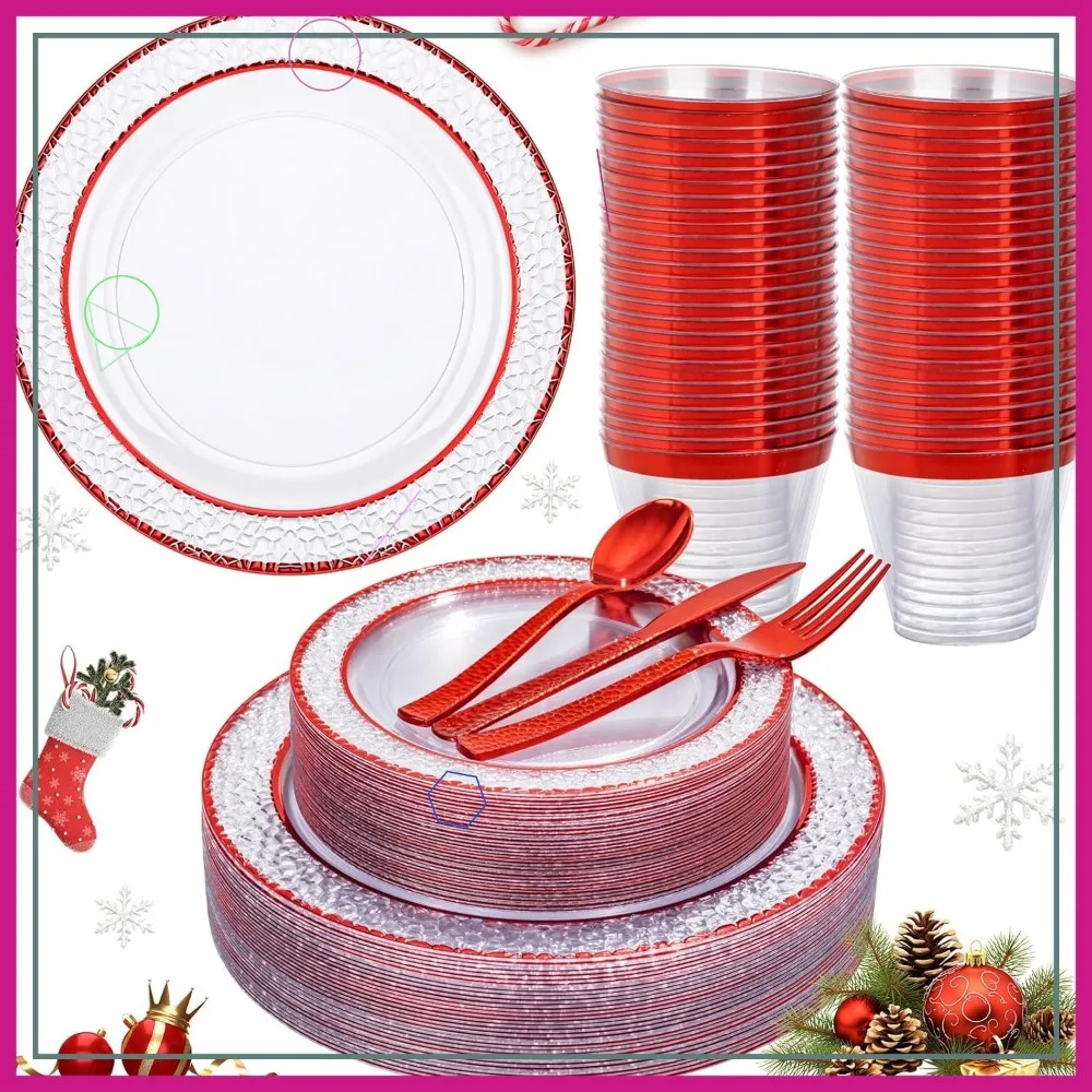 

150 Pcs Red Plastic Disposable Plates Set with Utensils for Wedding Party Christmas