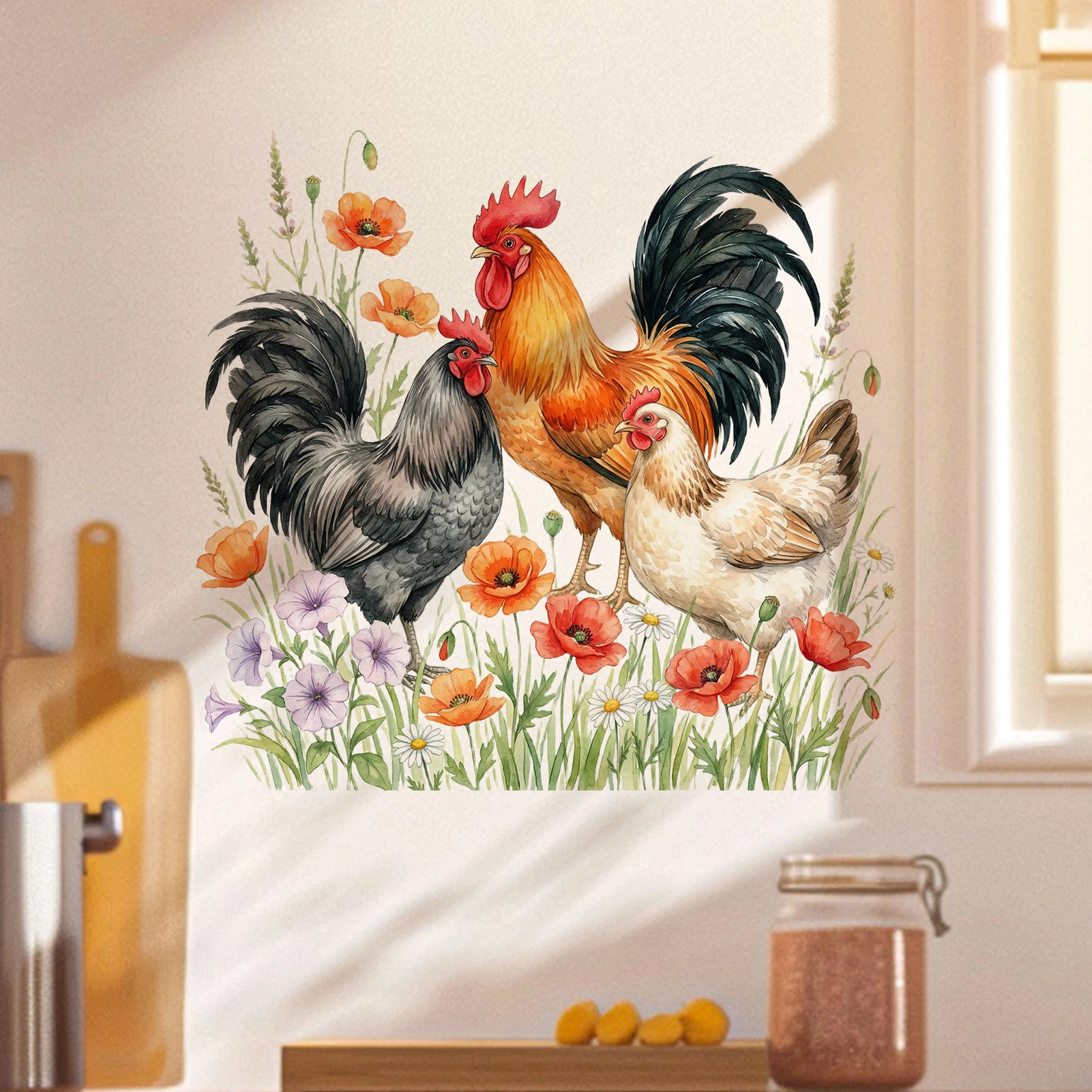 Watercolor Rooster & Hen Wall Decal, Farm Chickens with Poppy & Wildflowers Vinyl Wall Sticker for Home Decor