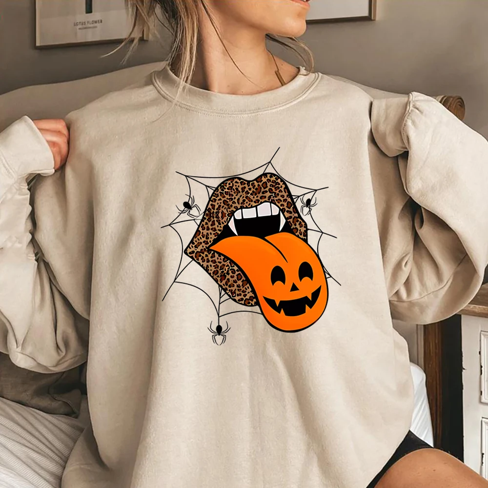 

Halloween Leopard Rolling Tongue Lips Sweatshirt Pumpkin Autumn Spooky Season Hoodie Vampire Witch Pullover Halloween Sweatshirt