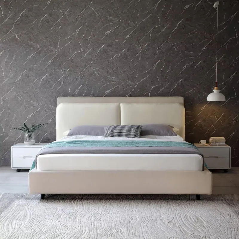 

Современная и удобная кровать размера «king-size» с изголовьем из мягкой ткани для семейных кровать из дерева и металла в спальне.