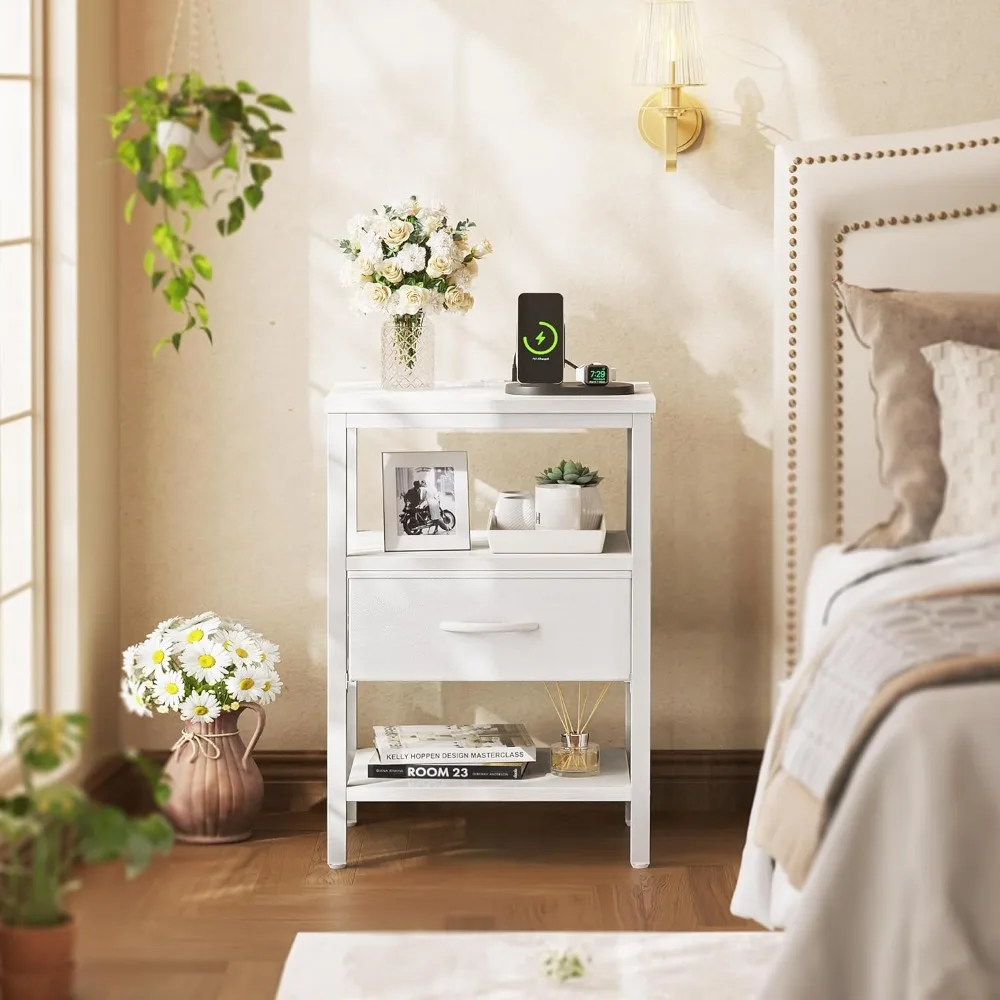 

Bed Side Tables With Charging Station Side Table Living Room Nightstand Set of 2 Adjustable Fabric Drawer Home Furniture Coffee