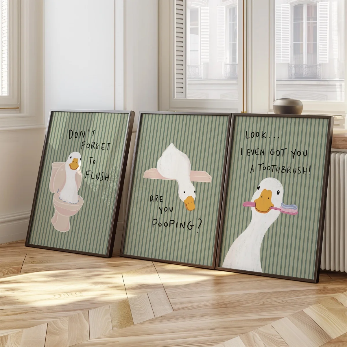 1/3pcs Funny Duck Green Stripes Canvas Prints Poster Humorous Quote Animal Art Print Bathroom Nursery Wall Art Home Decor Poster