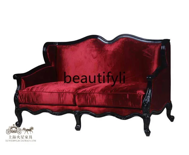 

A48 American country solid wood carving flower sofa European sofa Double hotel reception sofa