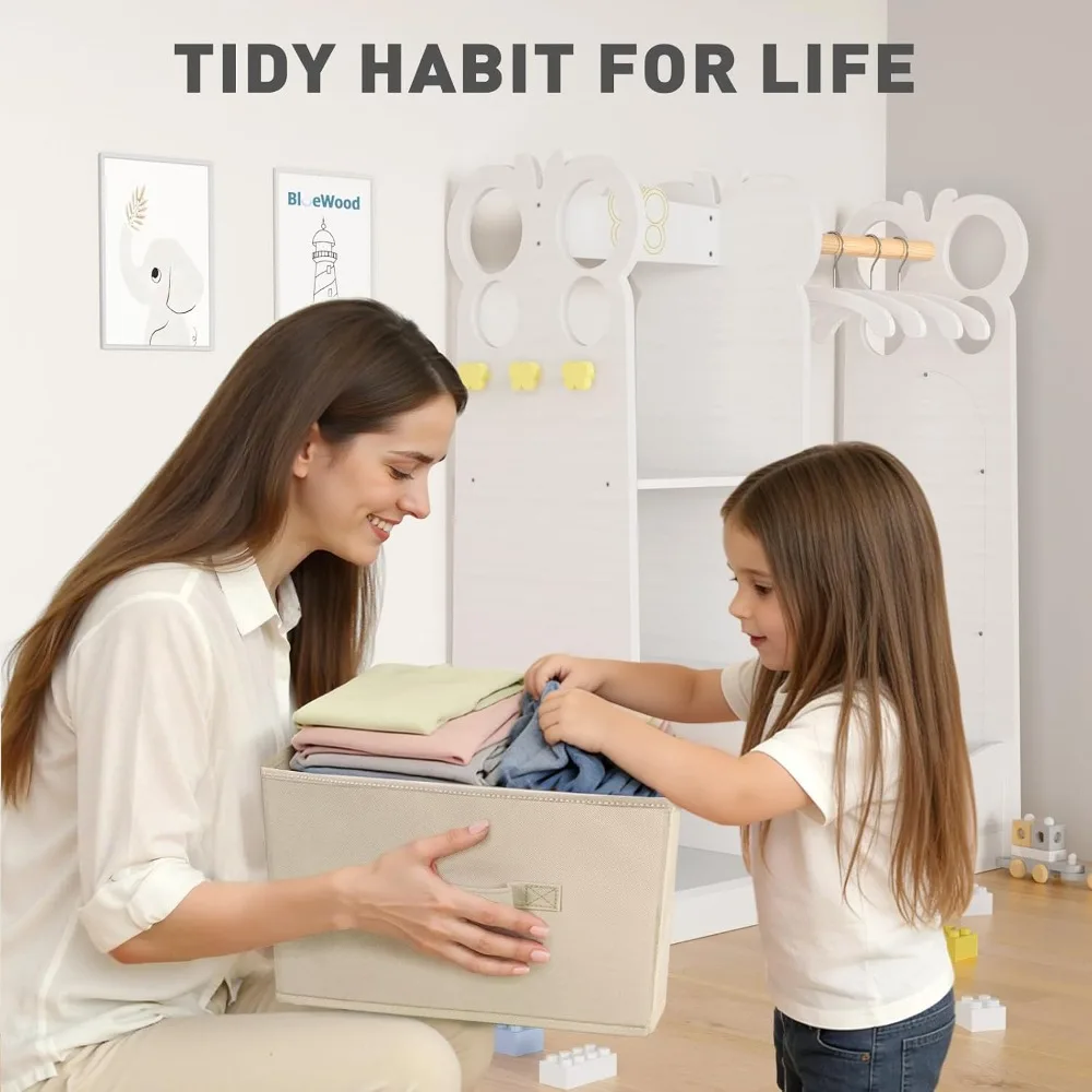 Kids Wardrobe with Mirror, Toddler Costume Closet, 3 Shelves & Bins, White Butterfly