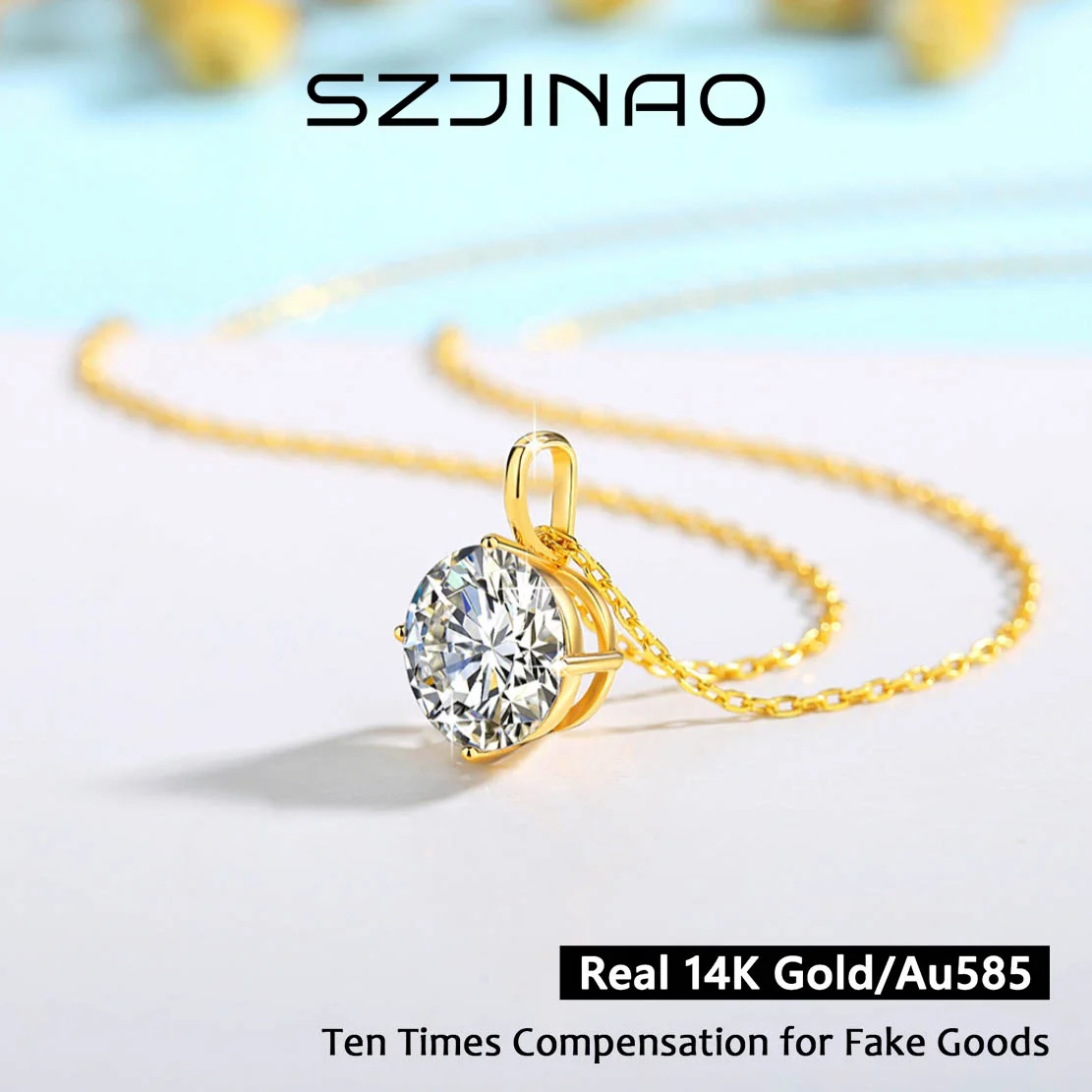 9MM 14K Gold Moissanite Necklaces for Women Round Shape Diamond Pendant Au585 Classic Jewelry for Anniversary Gifts