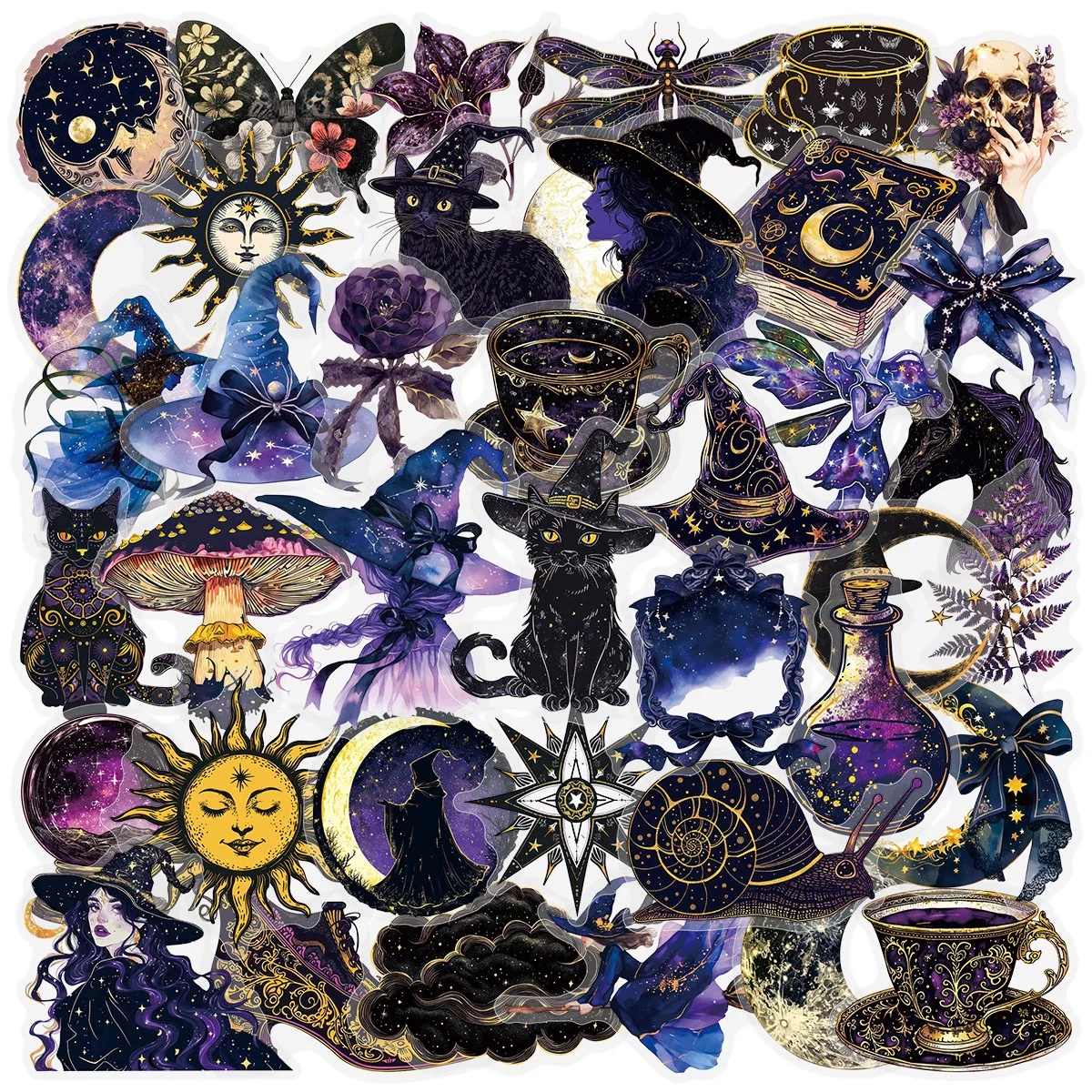 50 Adesivos Transparentes Góticos de Lua e Tarô, com Estética de Bruxa Mágica, para DIY, Scrapbook, Garrafas, Celulares, Malas e Carros