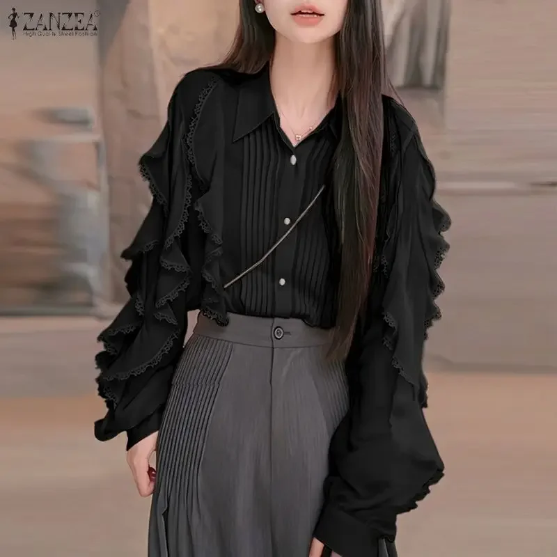 

Женская блузка ZANZEA с рюшами, модная, с длинным рукавом, весна-осень 2026, элегантная, для офиса, топ-туника, однотонная, повседневная