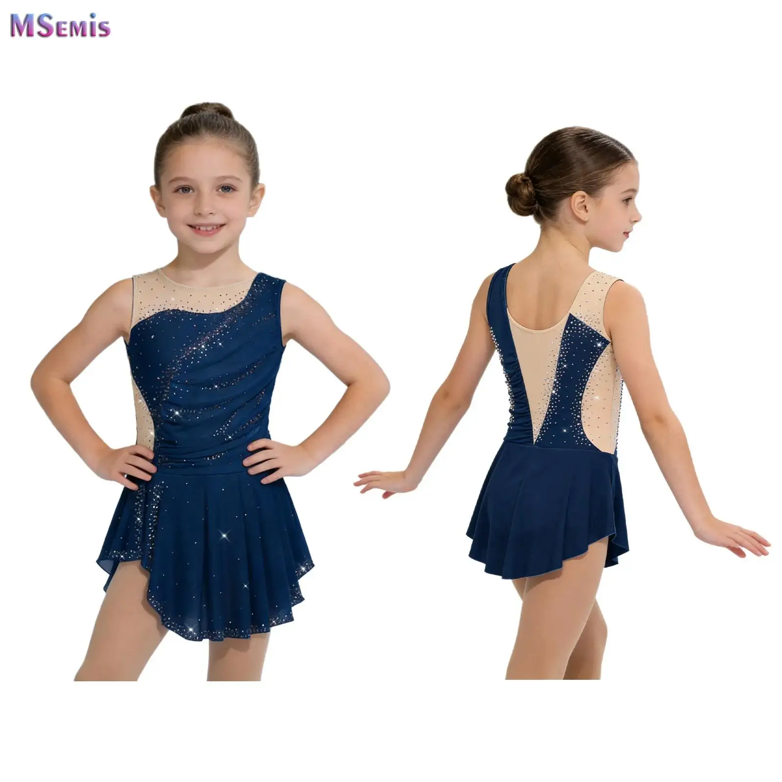 

Kids Girls Figure Skating Gymnastics Leotard Dress Ruched Mesh Sleeveless Patchwork Rhinestone Ballet Dancewear Skirted Bodysuit