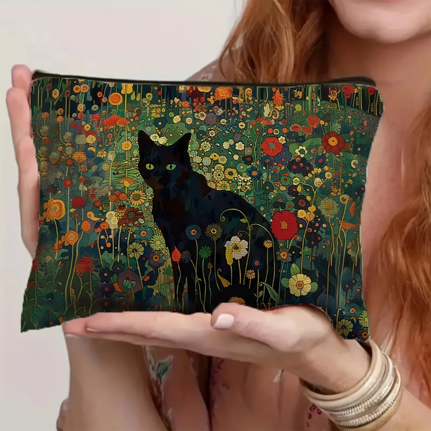 

Black Cat Floral Makeup Bag Large Capacity Halloween Gift for Women Cosmetic Bags Zipper Pouch Retro Pencil Case Christmas Gifts