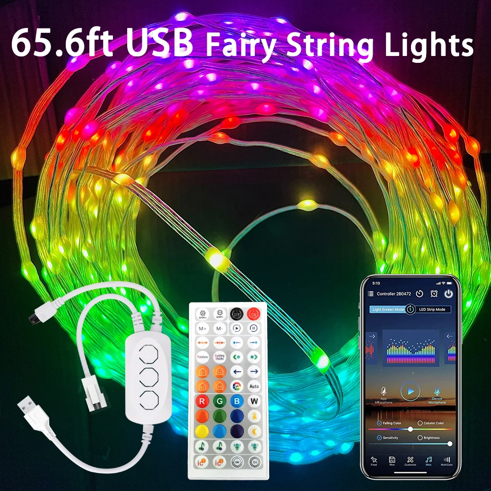 65.6ft 400LEDs USB Fairy String Lights Wifi Bluetooth Music WS2812B RGBIC Lighting Addressable Dreamcolor Christmas Lights DC5V