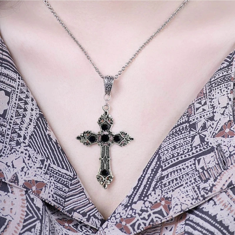 European and American Cross Necklace Gemstones Neck Chain Large Crosses Pendant Religious Jewelry Women Choker Neckchain