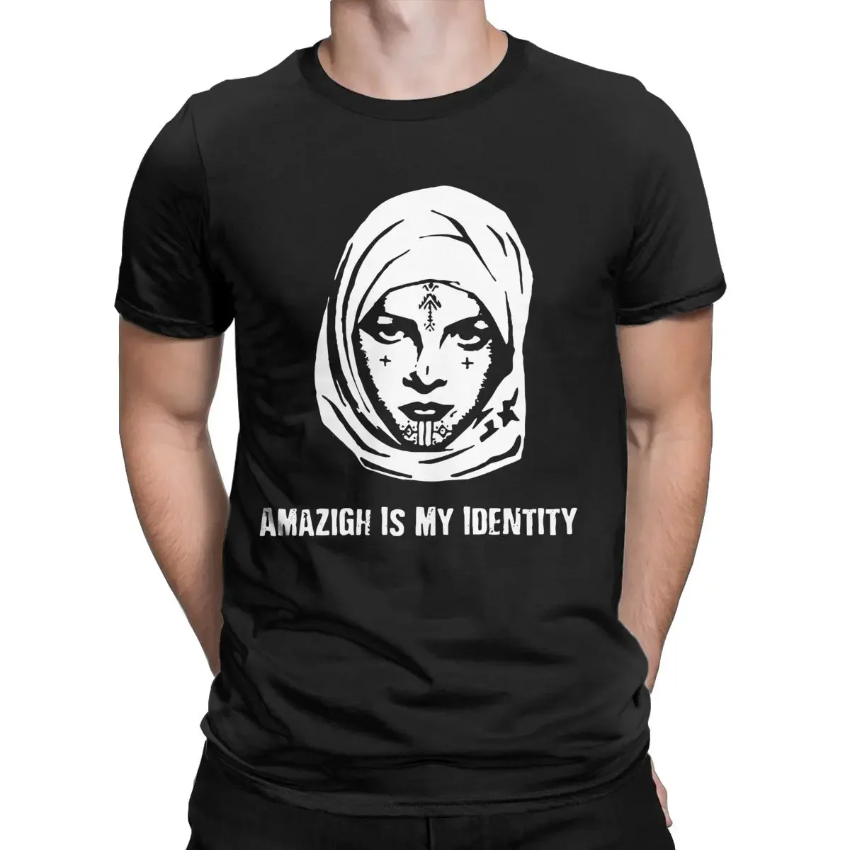 T-Shirt manches courtes col rond homme, estival et décontracté, en pur coton, harajuku, Amazigh Is My ta.com, visage berbère avec tatouages