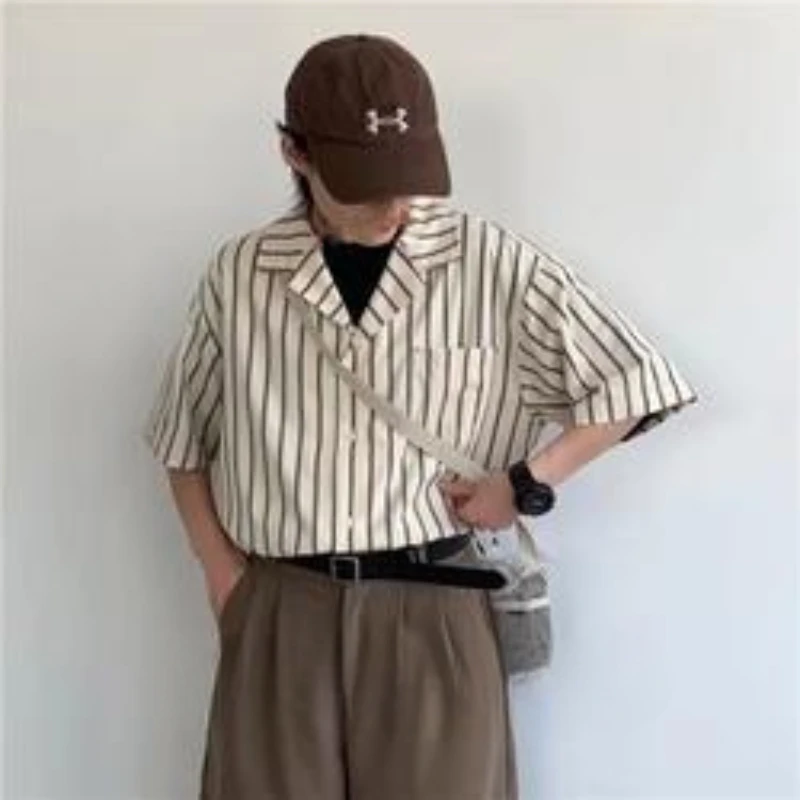 Shirts Men Summer Daily Streetwear Khaki Harajuku Half Sleeve Striped Casual Oversize Tops All-match Japanese Style Loose Trendy