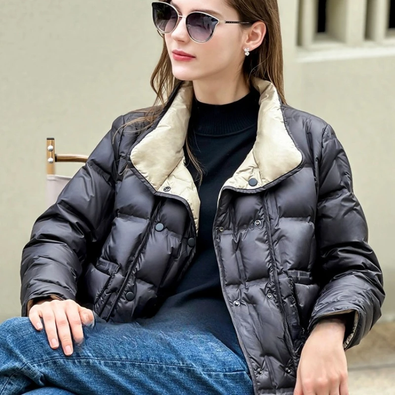 Light Thin Down Jackets for Women, Collision Two Sides Wear, Stand-up Collar, Female Outerwear, Fashion Winter Coat, New, 2024