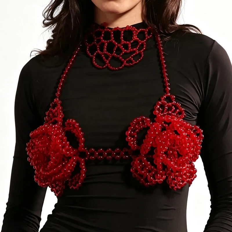 Female Handmade Festival Wear Body Chain Sexy Pearl Crop Top Rose Shape Floral Beaded Halter Bra Top Red Flower Top
