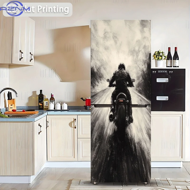 of Refrigerator Sticker Measuring 60X180 Cm Featuring a Motorcycle Rider, a Themed Wall Decal for Decoration, Self-Adhesive Wa