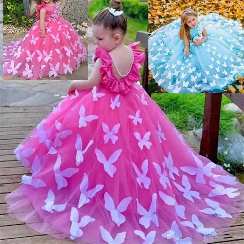 Flower Girl Dress Sleeveless Butterfly Pearls Round Collar Children Girl Wedding Birthday Party First Communion Holiday Gown