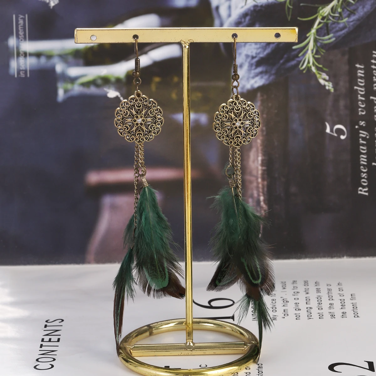 Green Feather Earrings Bohemian Retro Antique Hollow Flowers Long Hanging Earrings Women's Wedding Jewelry Accessories