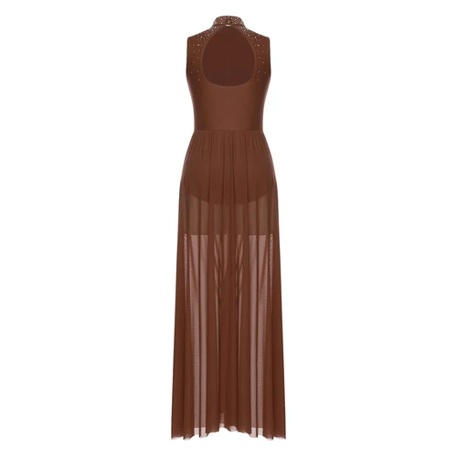 Imagen 2 del producto Vestidos de baile lírico para mujer, cuello simulado, dobladillo ancho, diamantes de imitación brillantes, vestido largo sin mangas, vestidos de leotardo contemporáneos modernos