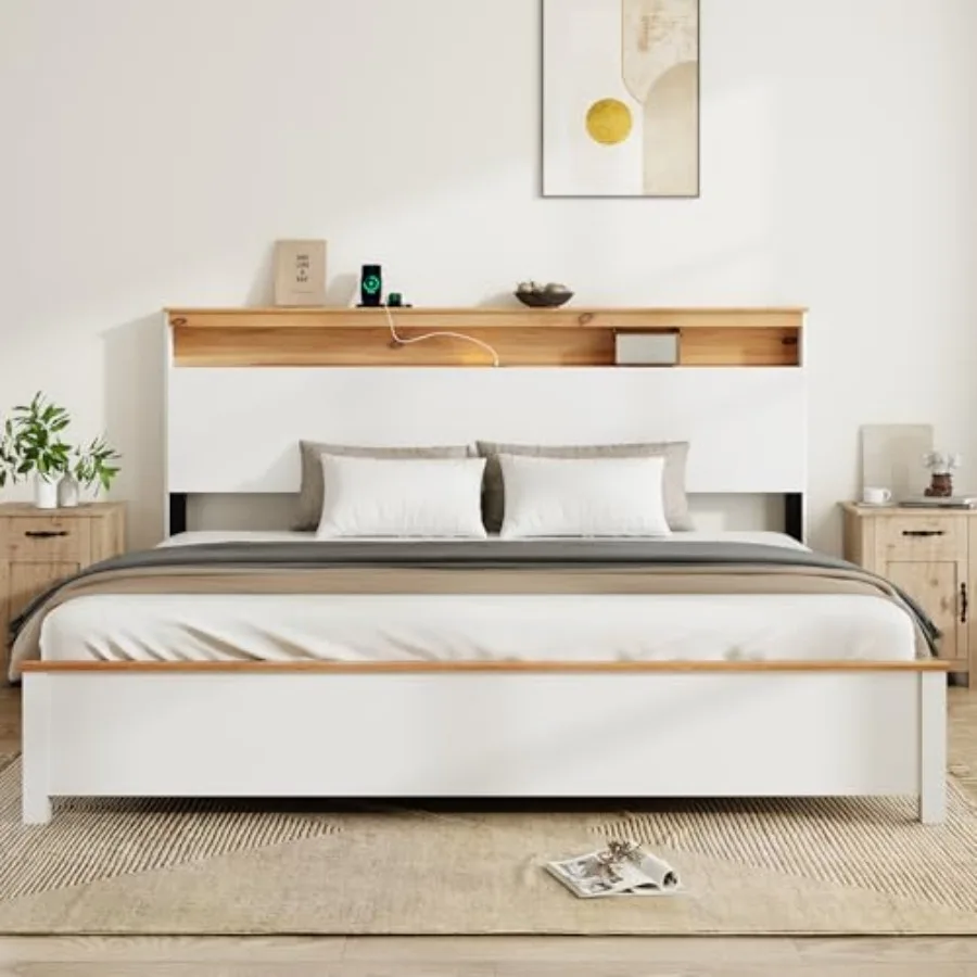 

Wood King Size Bed Frame with Storage Headboard, Farmhouse Platform Bed Frame Full with Charging Station and Led Light, No Box