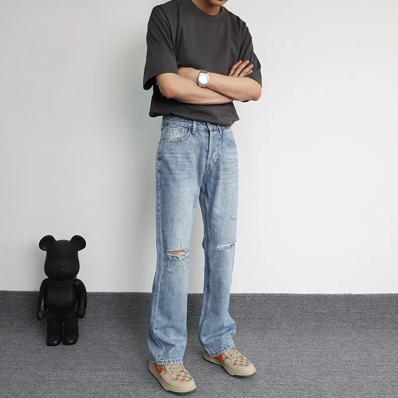 

American Sle Men's Jeans Casual Loose Straight Leg Light Blue Denim orts Multi kets Wear Resistant Summer 2024