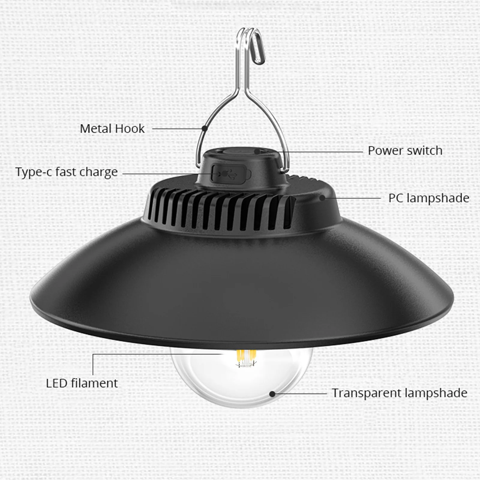 Lampada da tenda sospesa retrò Lampada da tenda da campeggio portatile ricaricabile tramite USB con gancio IPX4 impermeabile per escursioni all'aperto