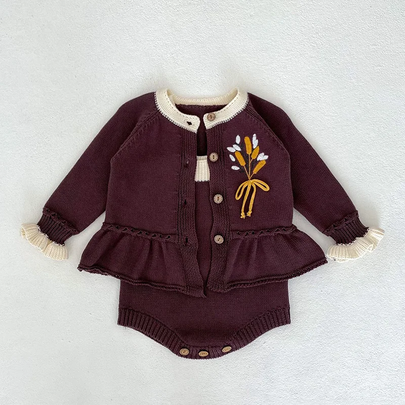

2024 New Spring Toddler Baby Girls Knitted Clothes Suit Long Sleeved Cardigan Coat+Jumpsuit Children Knitted Clothing Set