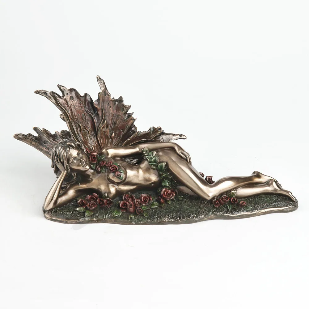 Antique Bronze Lying Fairy Statue Rose Elf Sculpture Winged Fairy Figurine Mythical Creature Desktop Ornament Home Decoration