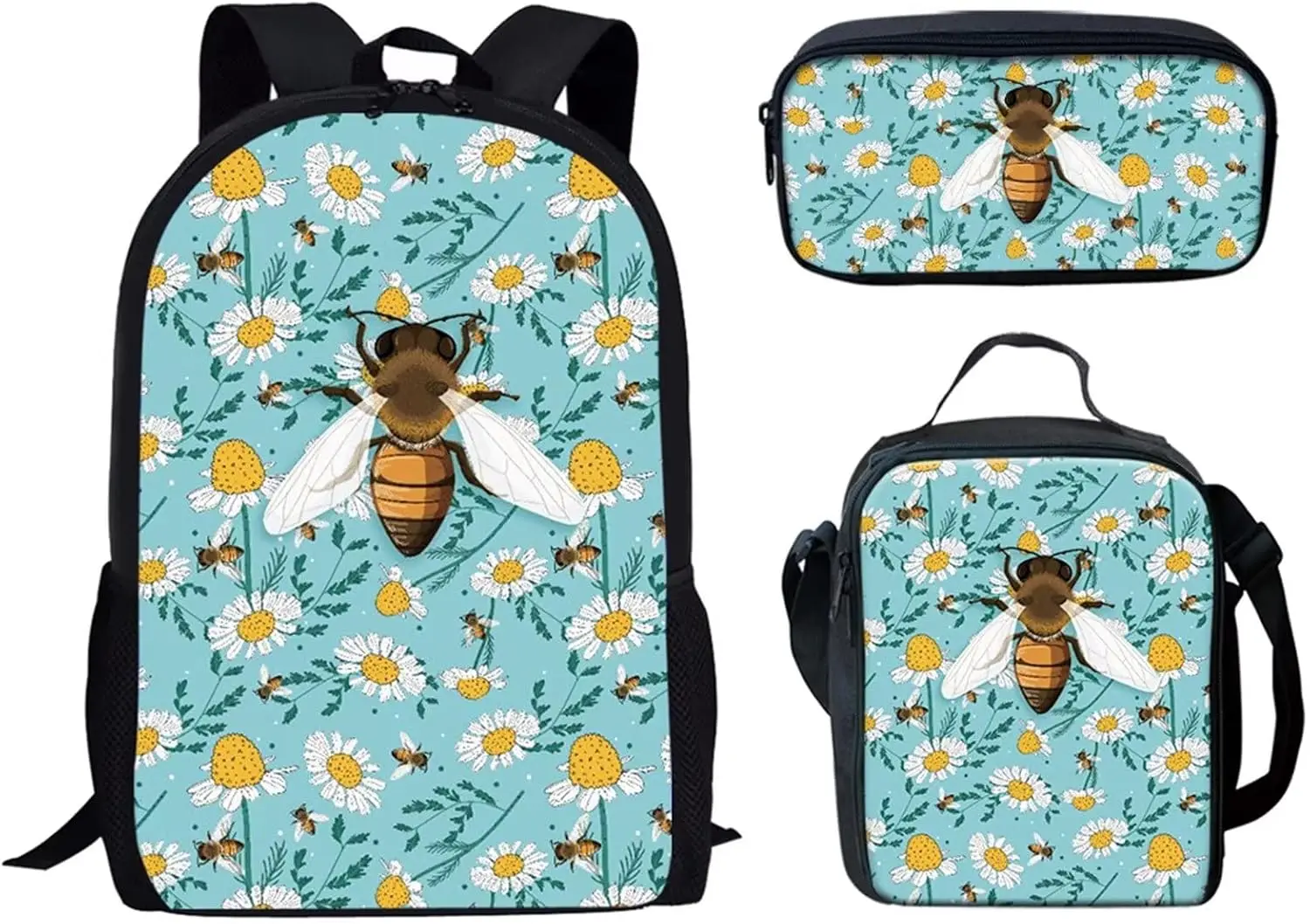 3Pcs Bee Daisy Print School Backpack for Primary Junior College Student Backpack with Lunch Box Pencil Case