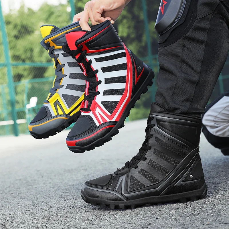 Men's Motorcycle Boots New Breathable Stripe Motos Riders Shoes Outdoor Motocross Protective Boots Hiking Non-slip Sports Shoes