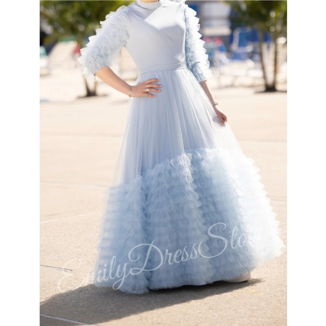 

Customized Light Blue Flower Girl Dress For Wedding Layered High Neck Tulle Puffy 3/4 Sleeves Kids Birthday First Communion Gown