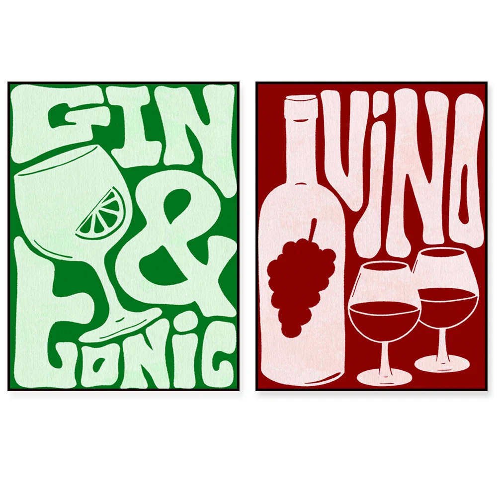 Bauhaus-style cocktail, espresso, martini wall art posters, fun kitchen decorations, frog and wine illustrations