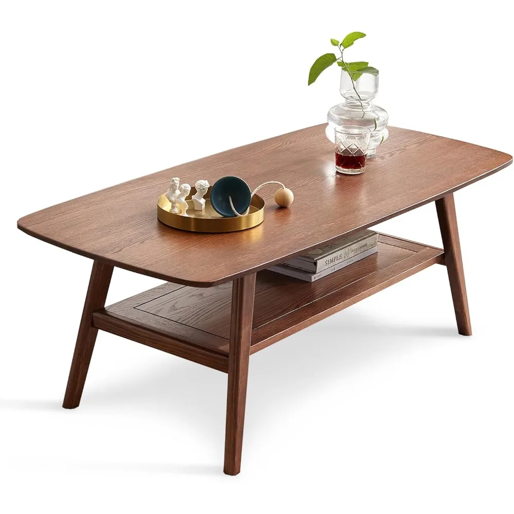 

Modern Solid Wood Coffee Table, 2-Tier Small Wooden Coffee Table with Storage Shelf for Living Room, Apartment, Office, Walnut