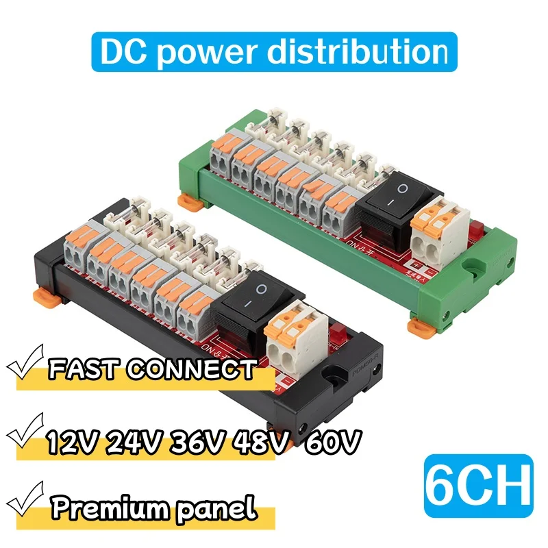DC power distribution 6ch din rail mounted fast connect block electricity current wiring LED switch 5v 12v 24v 36v 48v 60v