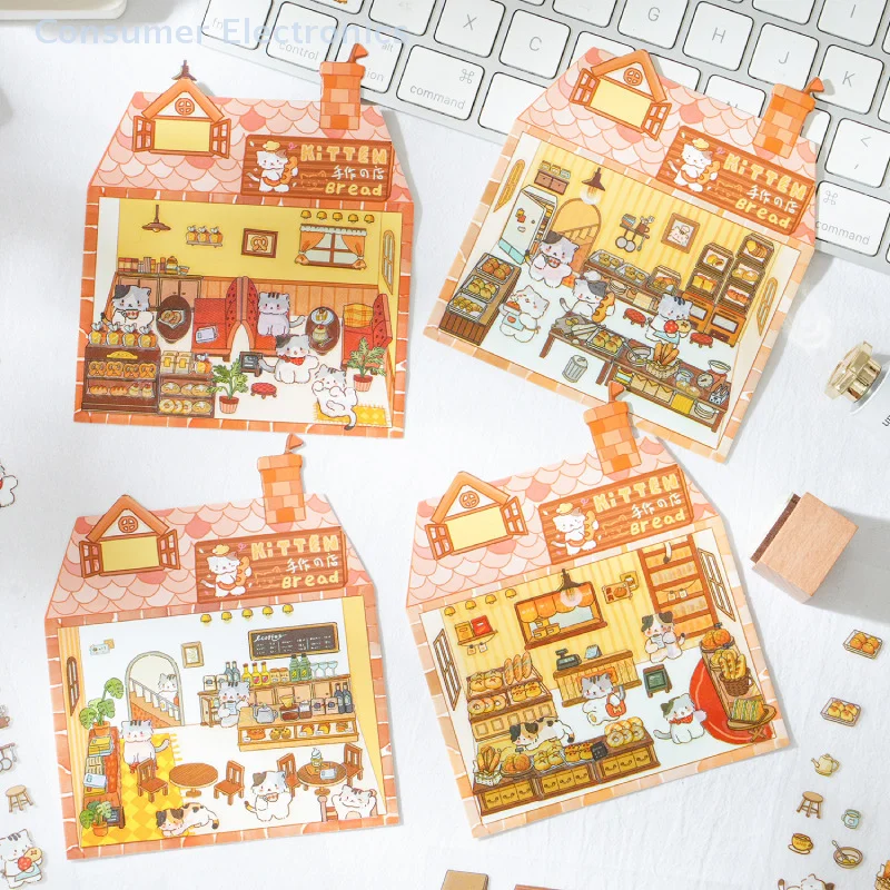 1Set Three-Dimensional Landscaping Handbook Stickers Cartoon Kitten Bread House Stickers Scene Cabin Stacking Stickers