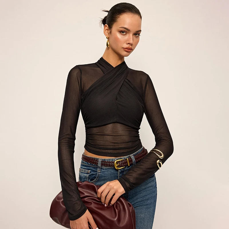 

Female clothing Long sleeve tees mesh Top cropped See-through T-shirt black Youth blouses Cross Slim fit elegant Women pulovers