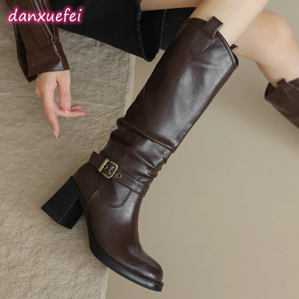 

danxuefei women's Microfiber thick high heel round toe slip-on autumn knee high boots ankle buckle pleated long boots shoes sale