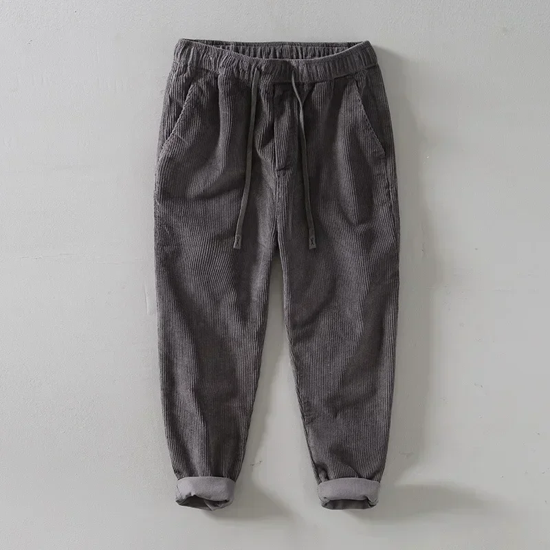 Fall Winter Pants Men Japan Retro Corduroy Baggy Pants Daily Casual Pure Cotton Pants Drawstring Elastic Waist Straight Pants