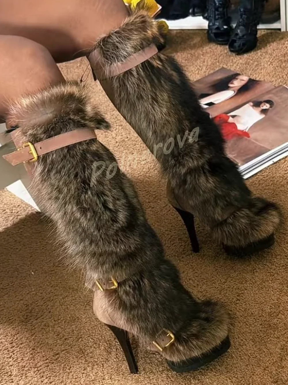 Women Fur Knee High Boots Platform Stiletto High Heel Long Metal Buckle Straps Boots Winter Warm Brown Fluffy Fur Fashion Boots