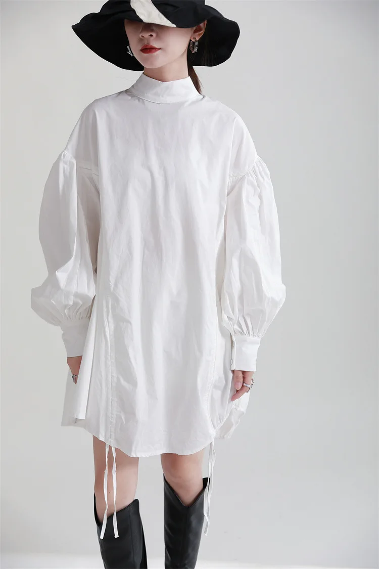 2025 Women Irregular Drawstring Big Size White Blouse New Stand Collar Long Sleeve Shirt Fashion Tide Spring Autumn