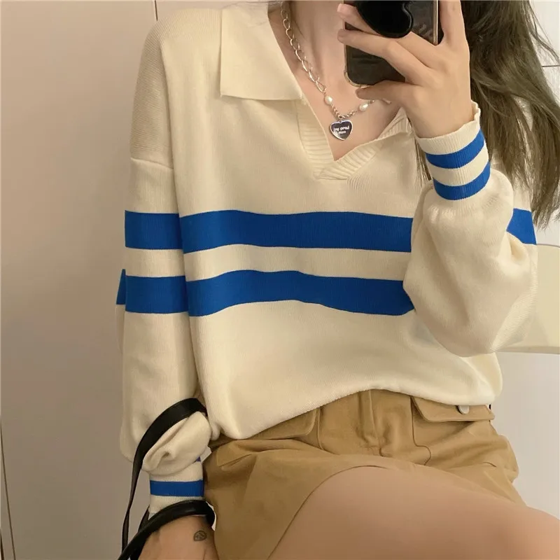 Matta Korean Fashion Polo Preppy Style Striped Women's Sweater Collar Loose Long Sleeve Top Y2k Clothes Sweater  Autumn Winter