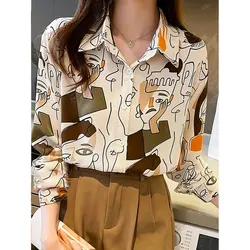 Summer Women'S Shirt 3D Abstract Line Face Digital Print Long Sleeve Shirt Women'S Fashion Large Size Lapel Button Down Shirt